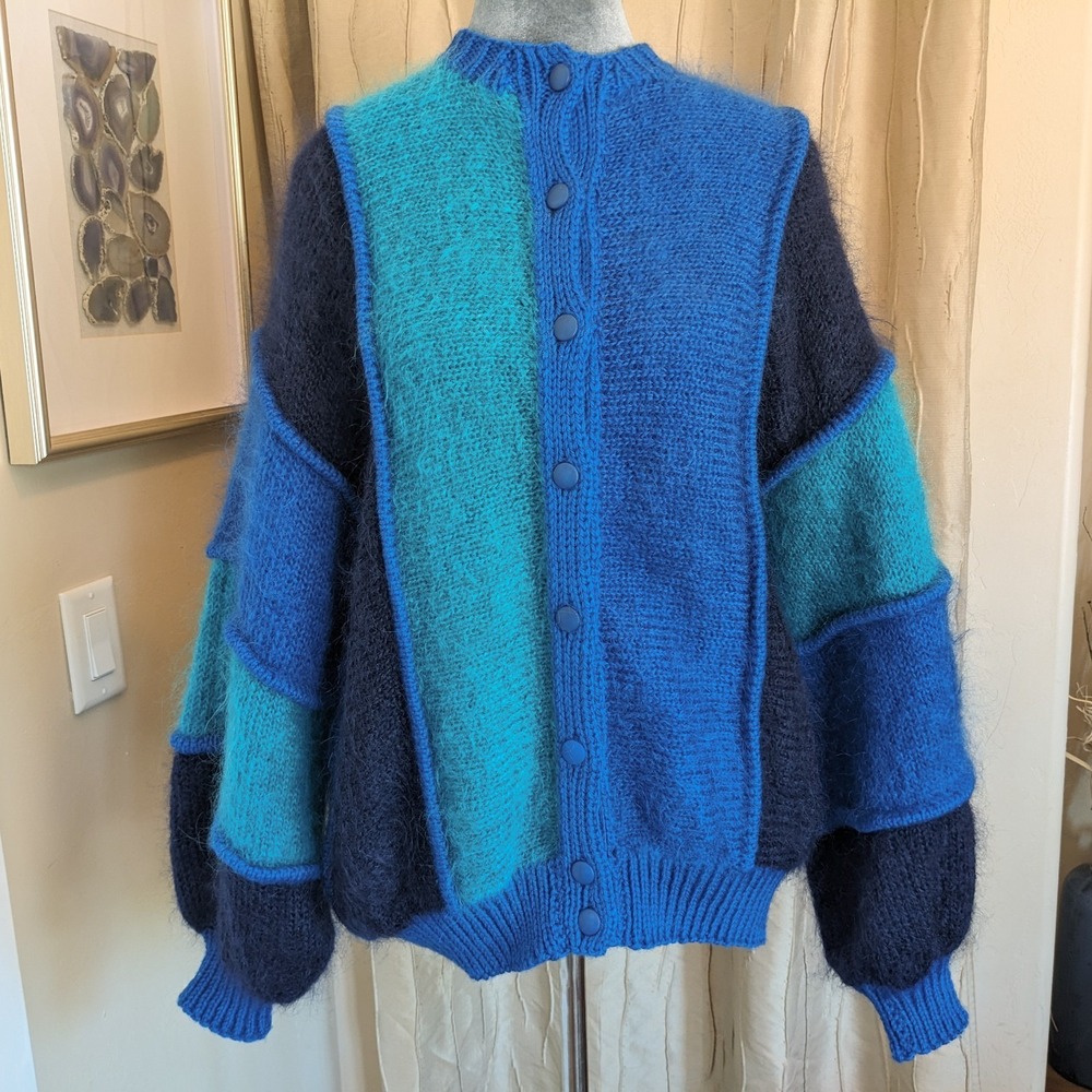 Vintage 80s Mohair Cardigan Sweater M/L Irish Colorblock Chunky Knit Oversized